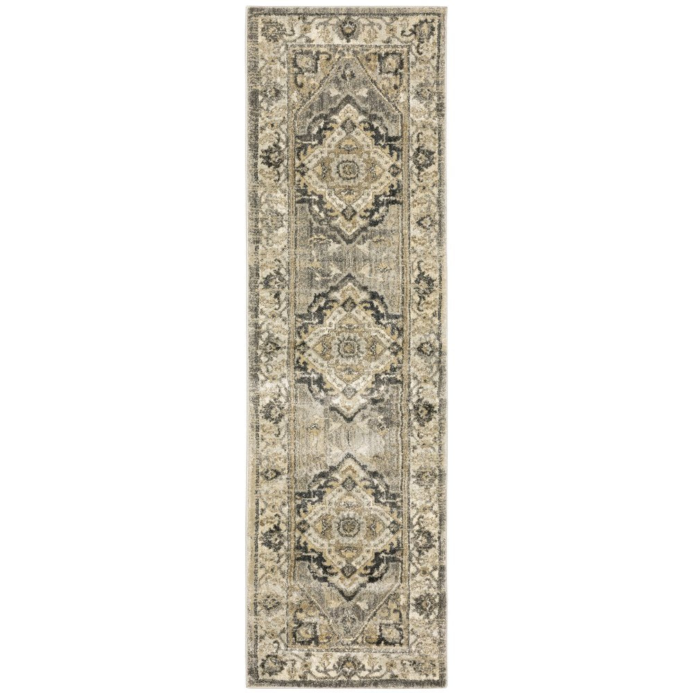 2' X 8' Beige And Gray Traditional Medallion Indoor Runner Rug