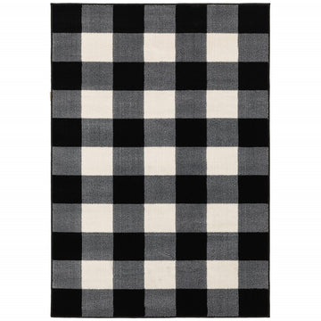 7' X 9' Black And Ivory Gingham Area Rug
