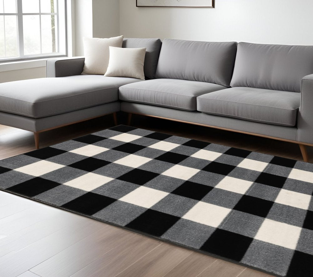 5' X 7' Black And Ivory Gingham Area Rug