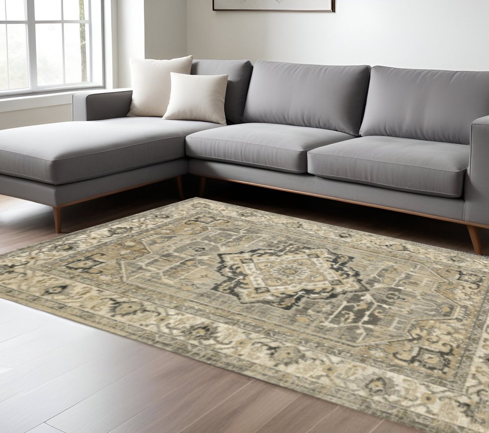 2' X 8' Beige And Gray Traditional Medallion Indoor Runner Rug