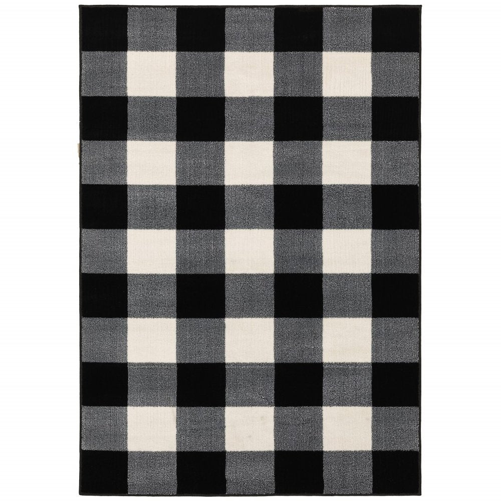 7' X 9' Black And Ivory Gingham Area Rug