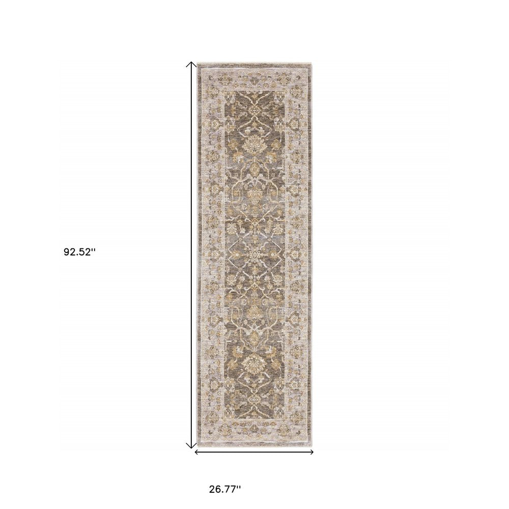 8' Beige Grey Machine Woven Oriental Indoor Runner Rug