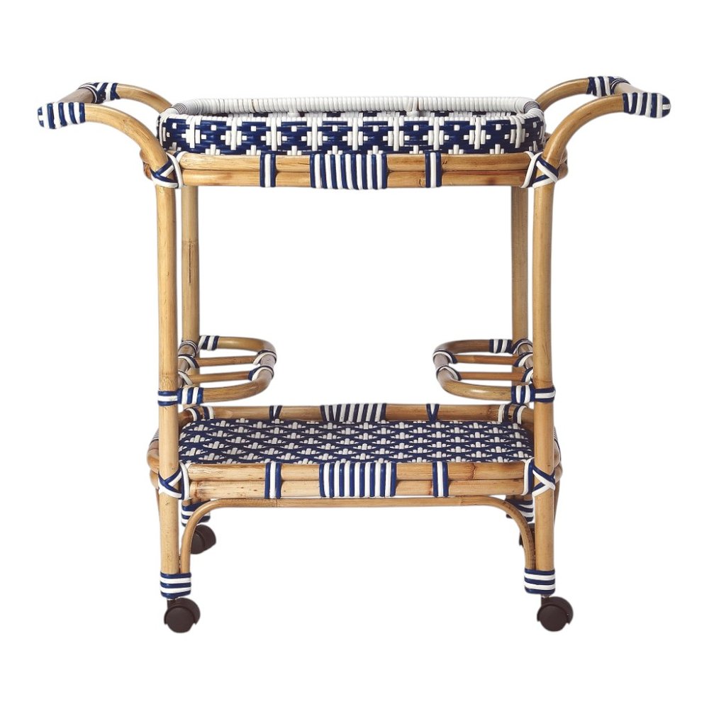 35" Navy Blue White And Natural Rolling Rattan Bar Cart
