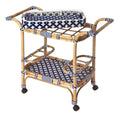 35" Navy Blue White And Natural Rolling Rattan Bar Cart