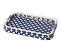 35" Navy Blue White And Natural Rolling Rattan Bar Cart