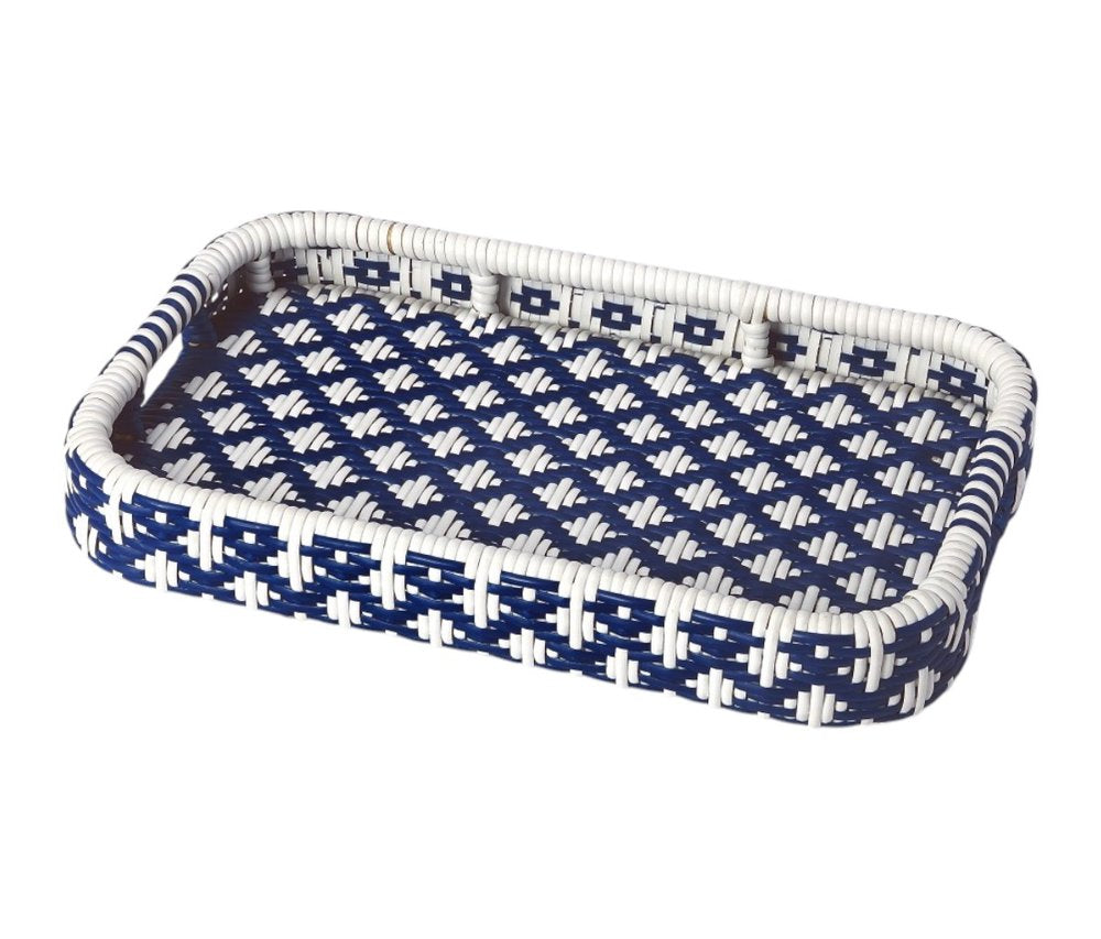 35" Navy Blue White And Natural Rolling Rattan Bar Cart