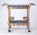 35" Navy Blue White And Natural Rolling Rattan Bar Cart