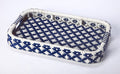 35" Navy Blue White And Natural Rolling Rattan Bar Cart