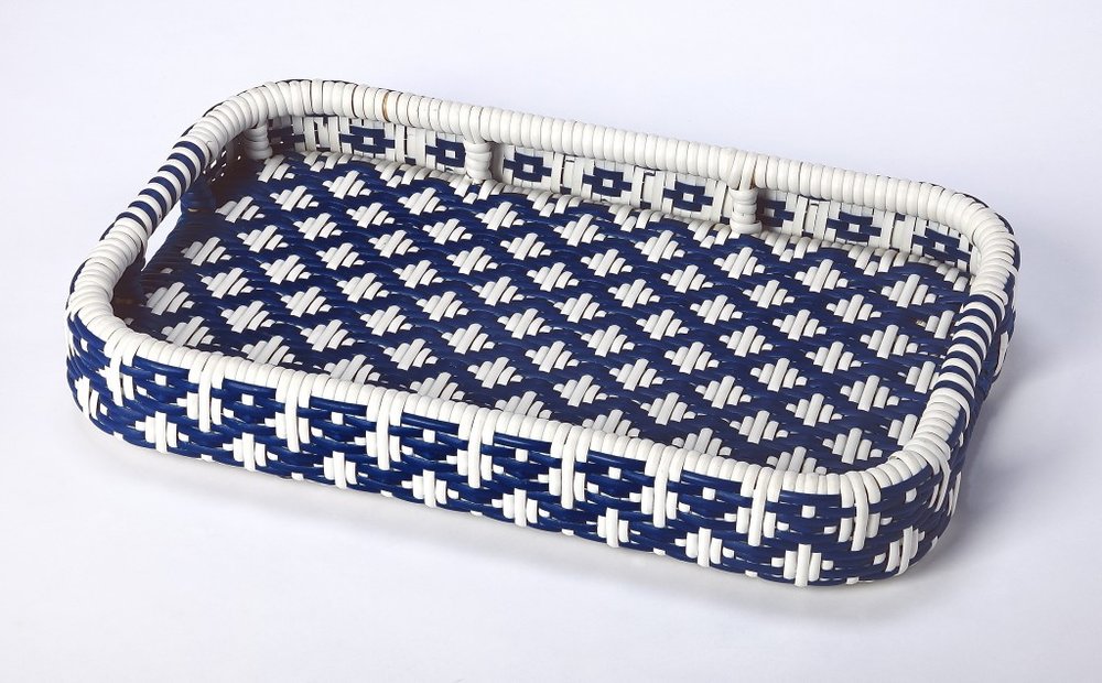 35" Navy Blue White And Natural Rolling Rattan Bar Cart