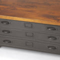 36" Brown and Gray Solid Wood and Metal Square Coffee Table With Three Drawers