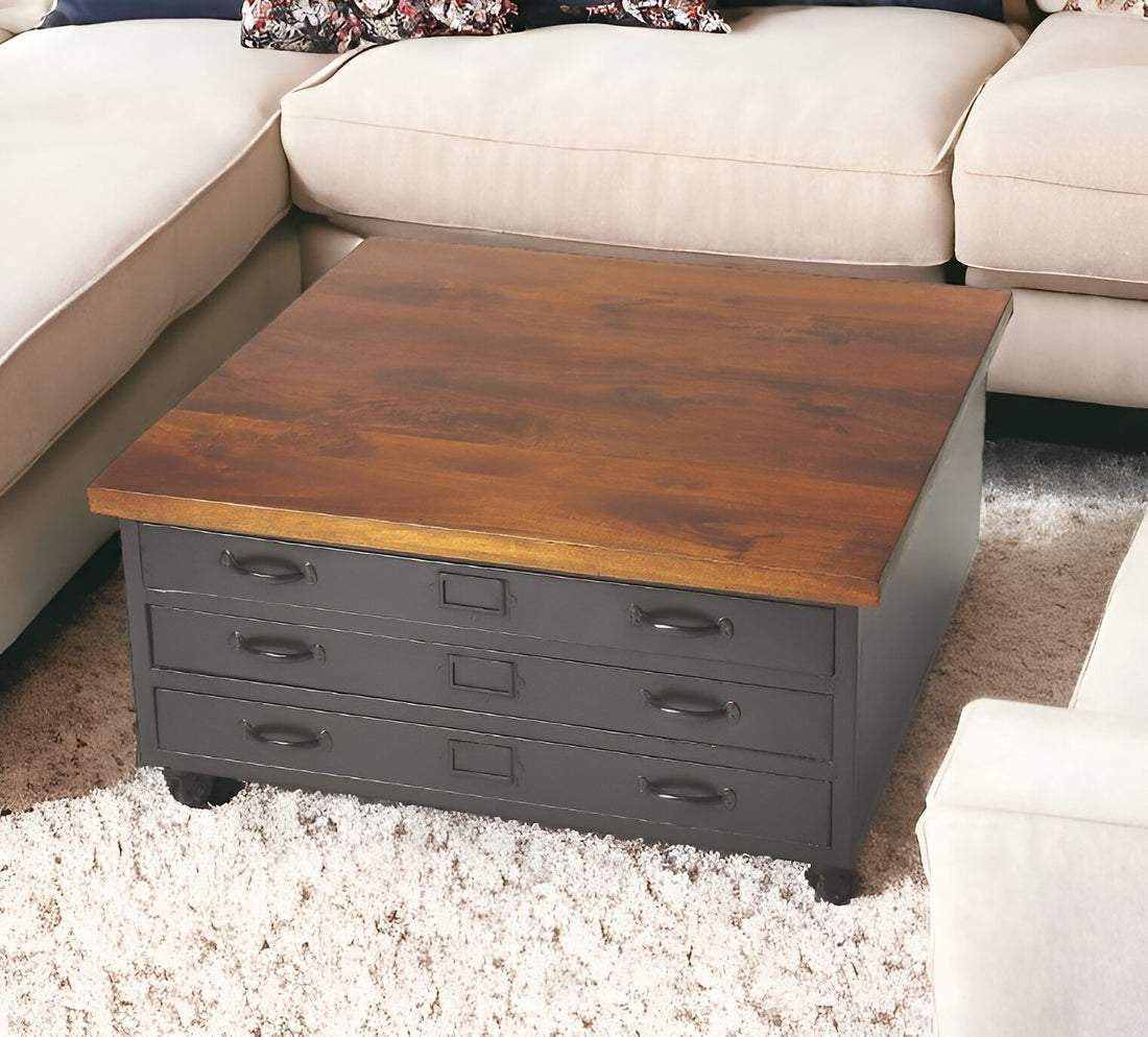 36" Brown And Gray Wood And Metal Square Coffee Table