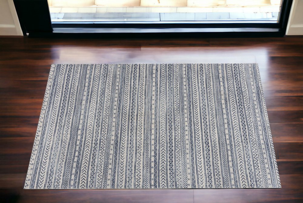 2' X 4' Navy Blue Decorative Stripes Area Rug