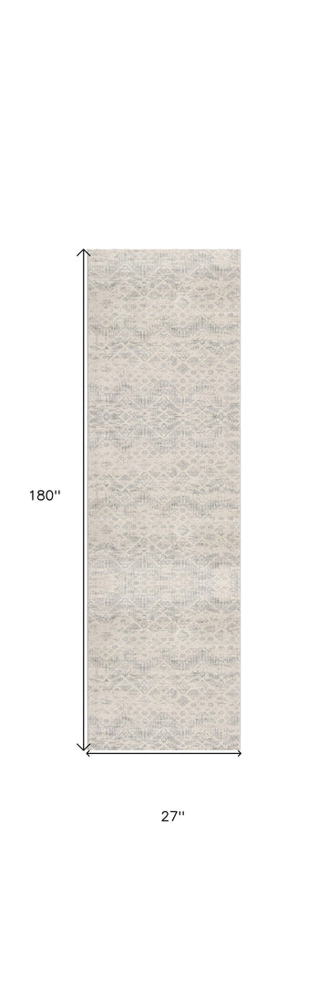 2' X 10' Ivory Distressed Ikat Pattern Runner Rug