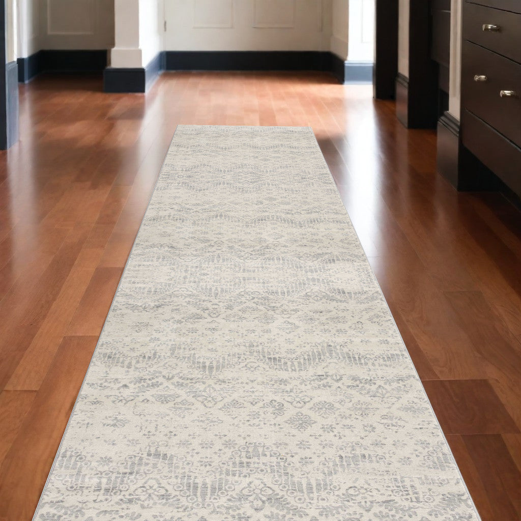 2' X 10' Ivory Distressed Ikat Pattern Runner Rug