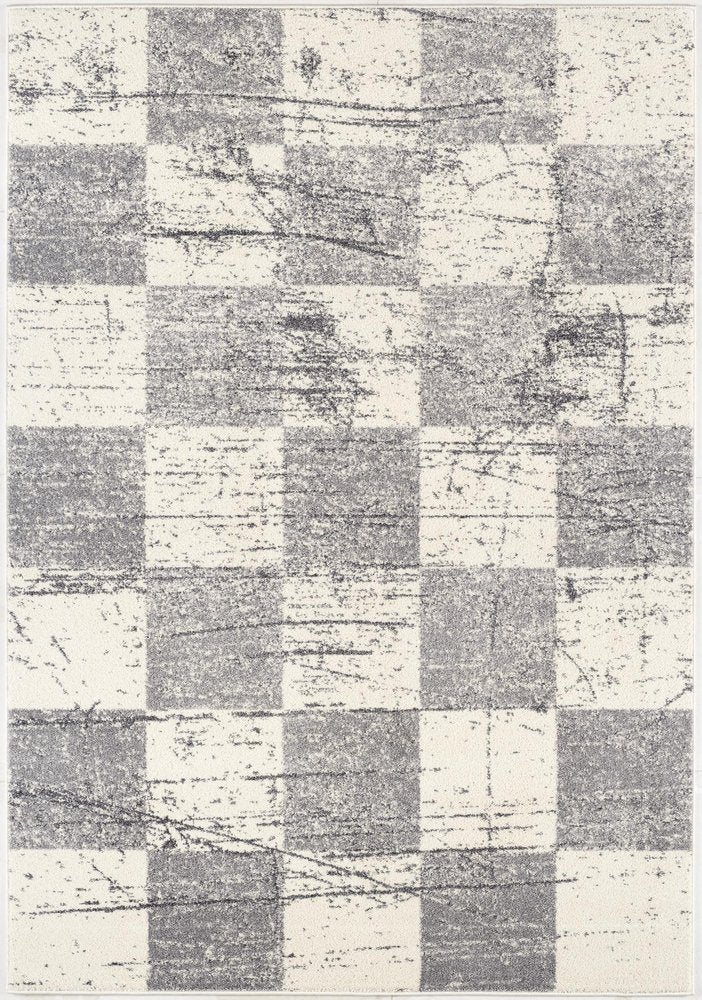 7' X 9' Gray and White Checkered Power Loom Distressed Area Rug