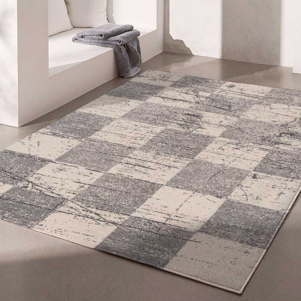 7' X 9' Gray and White Checkered Power Loom Distressed Area Rug