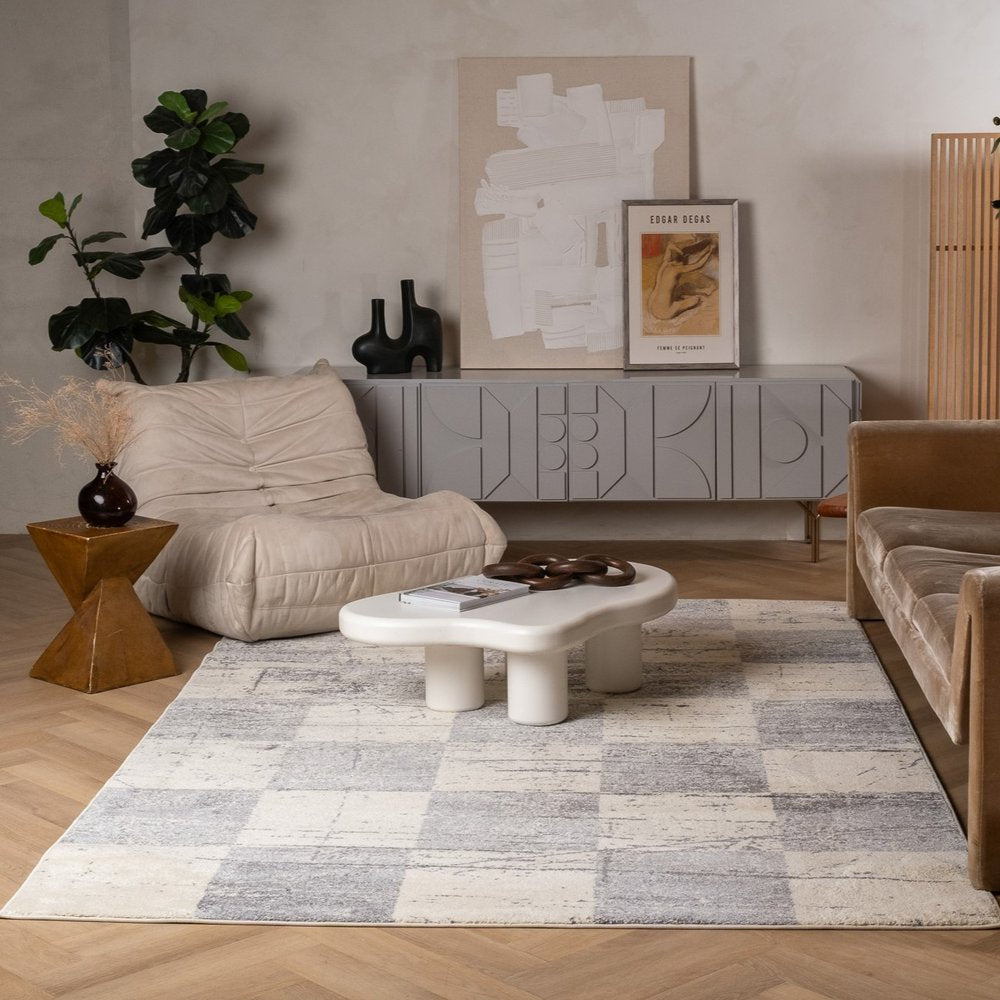 7' X 9' Gray and White Checkered Power Loom Distressed Area Rug