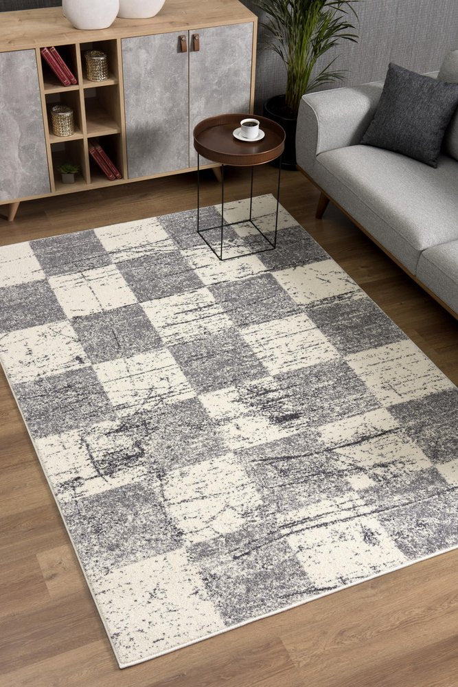 7' X 9' Gray and White Checkered Power Loom Distressed Area Rug