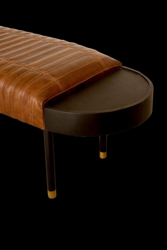Warm Brown Leather And Solid Wood Bench