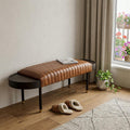 Warm Brown Leather And Solid Wood Bench