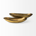 Set of Two Gold Hammered Metal Boat Shaped Decorative Bowls