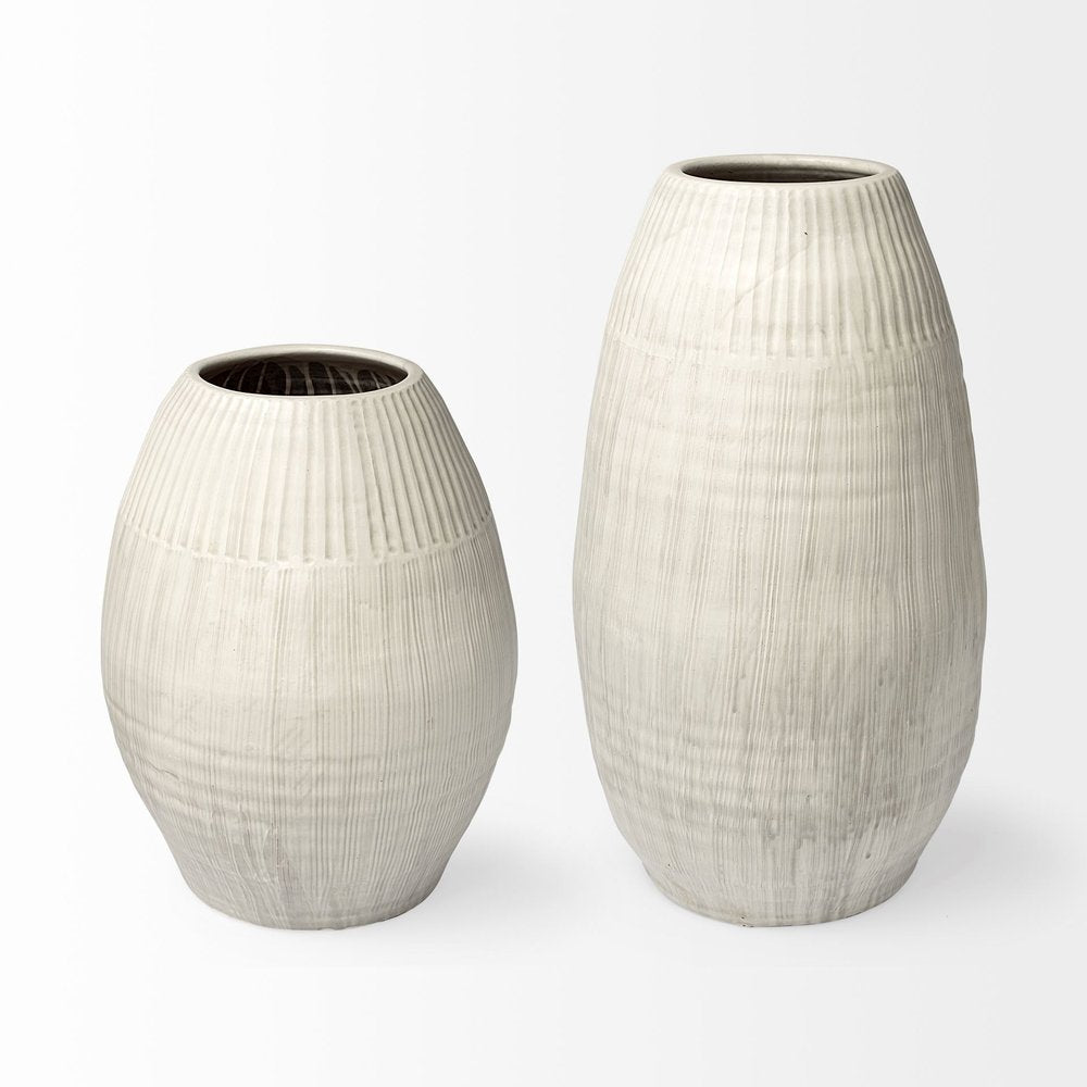 21" White Striped Ceramic Cylinder Floor Vase