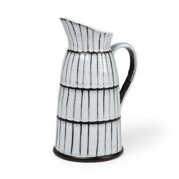13" Black And White Ceramic Cylinder Jug Vase With Sculptural Details