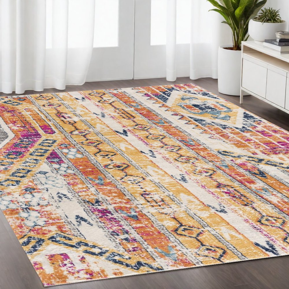8' Gold And Ivory Southwestern Runner Rug