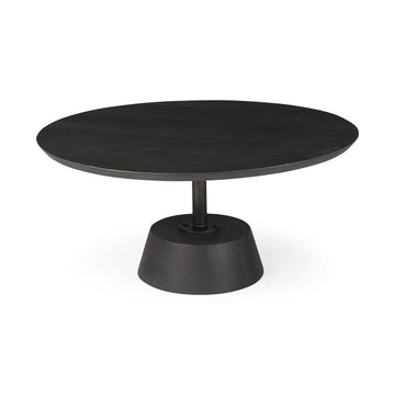 32" Dark Brown and Black Solid Wood and Iron Round Pedestal Coffee Table