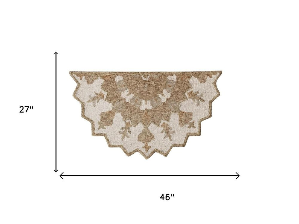2' X 4' Tan and Beige Wool Medallion Hand Woven Half Circle Area Rug
