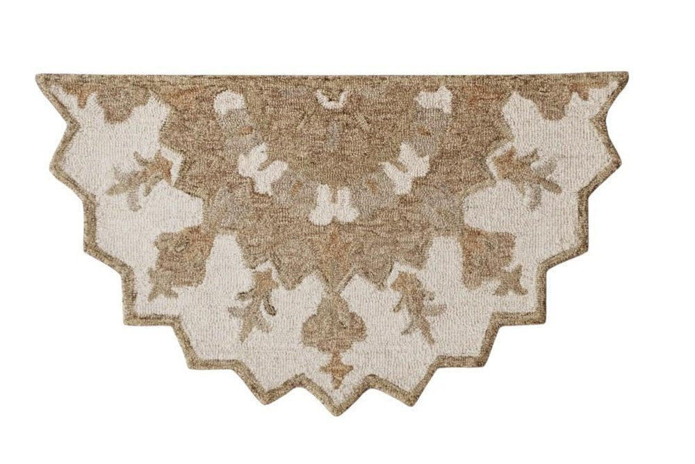 2' X 4' Tan and Beige Wool Medallion Hand Woven Half Circle Area Rug