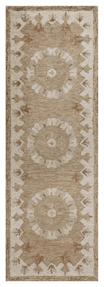 2' X 4' Tan and Beige Wool Medallion Hand Woven Half Circle Area Rug