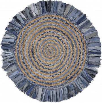 6' Beige And Blue Abstract Geometric Hand Woven Round Rug