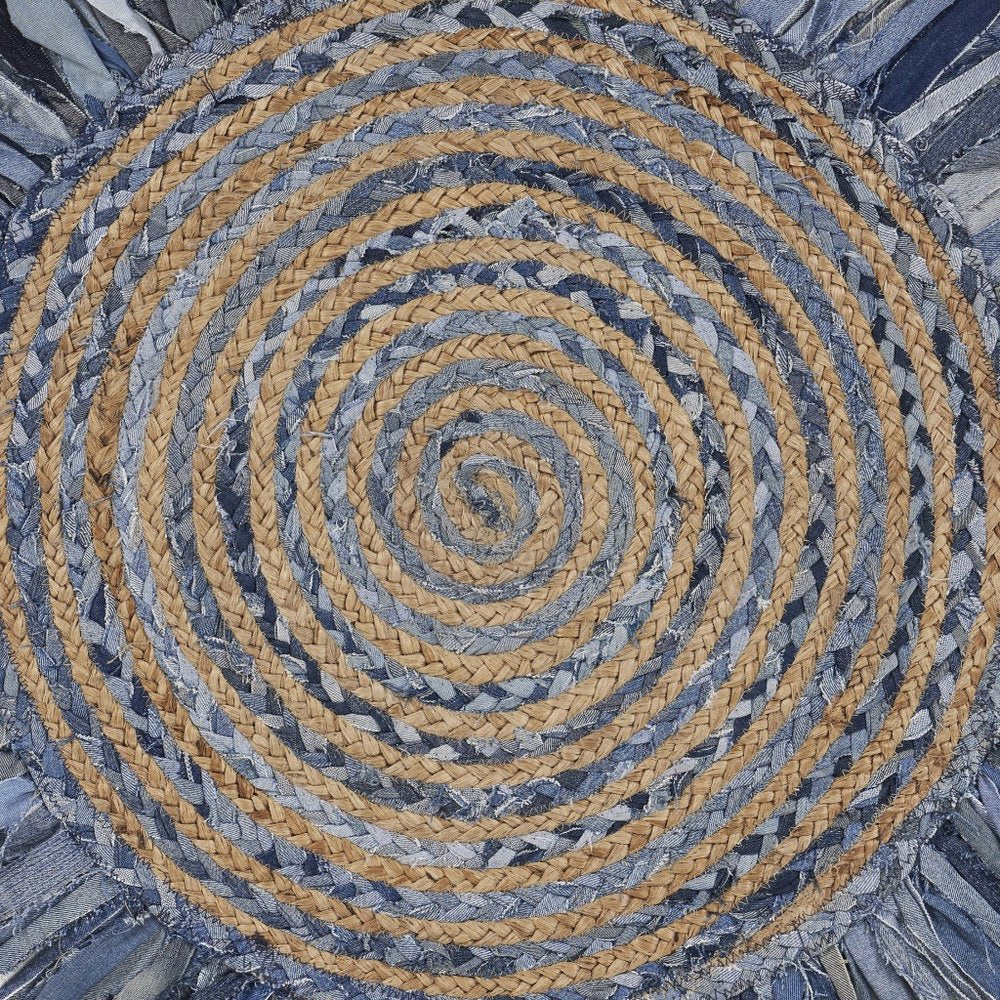 4' Beige And Blue Abstract Geometric Hand Woven Round Rug