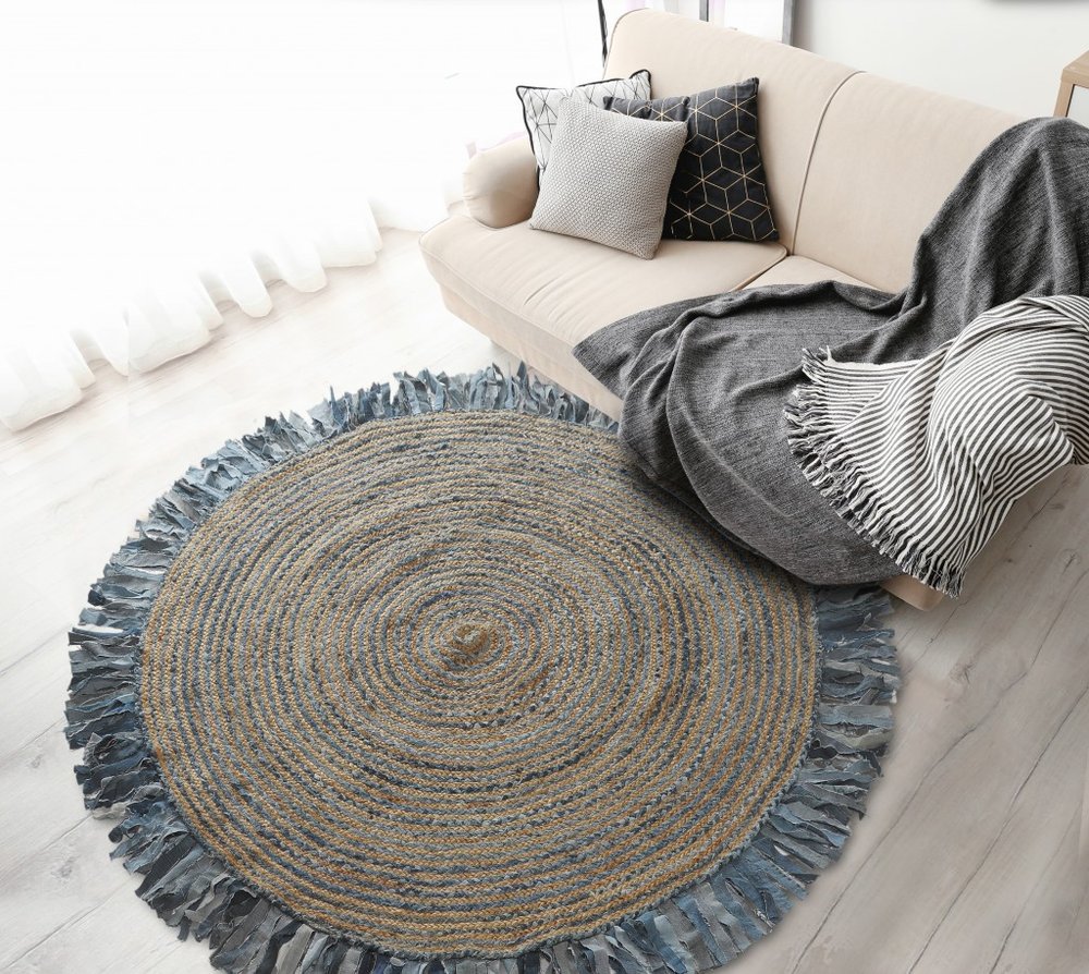 6' Beige And Blue Abstract Geometric Hand Woven Round Rug