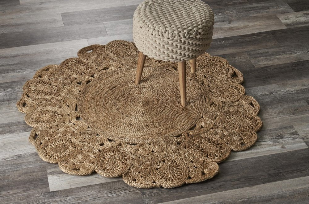 5' X 5' Natural Jute Abstract Geometric Hand Braided Area Rug