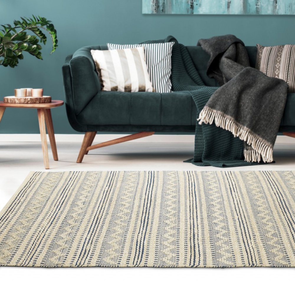 8' X 10' Blue and Beige Chevron Striped Area Rug
