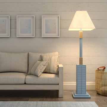 63" Blue Floor Lamp With Tan Linen Shade