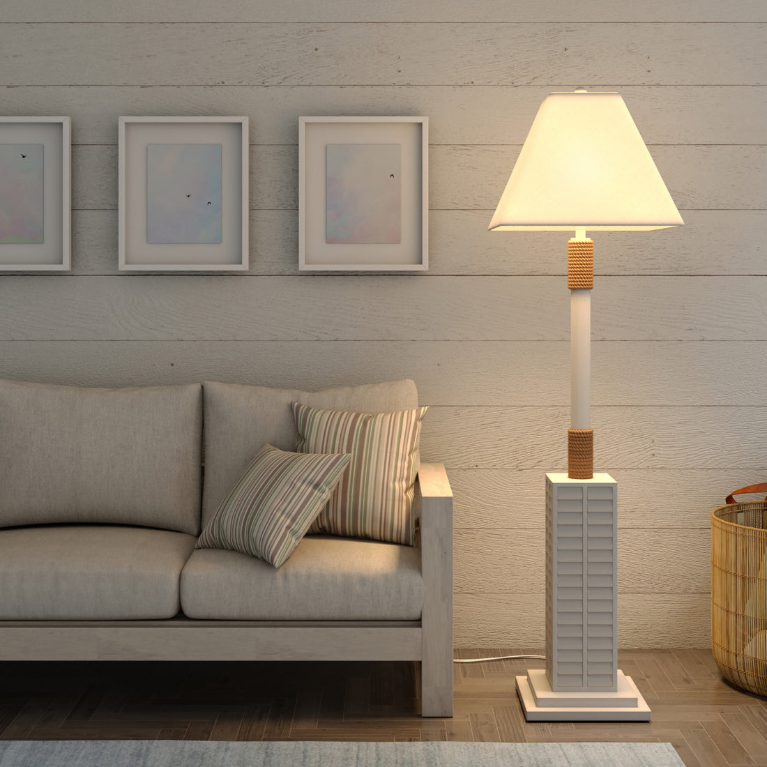 63" White Floor Lamp With White Linen Shade