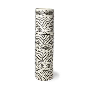 17" Cream and Charcoal Geometric Cylinder Ceramic Vase