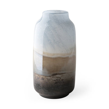 15" Blue And Beige Abstract Cylinder Crystal Glass Table Vase