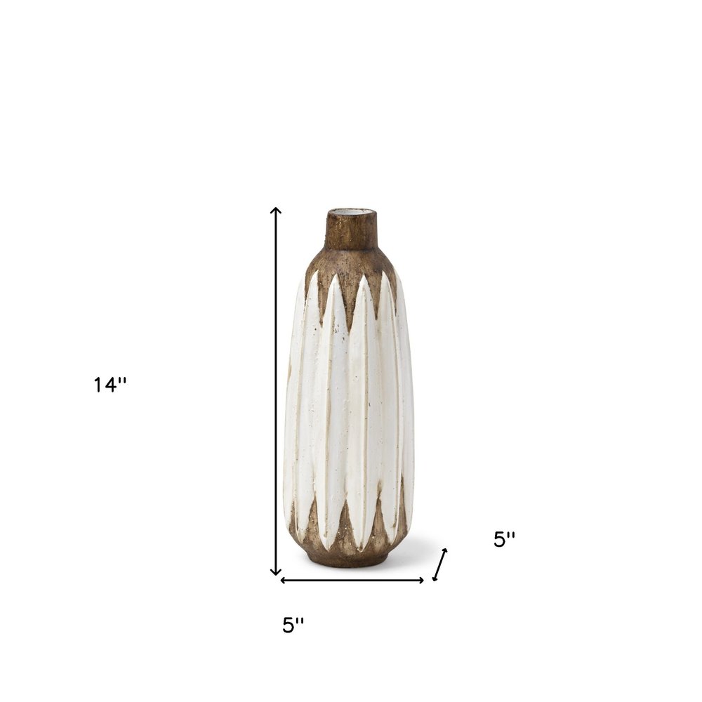 14" Brown And White Abstract Cylinder Ceramic Table Vase