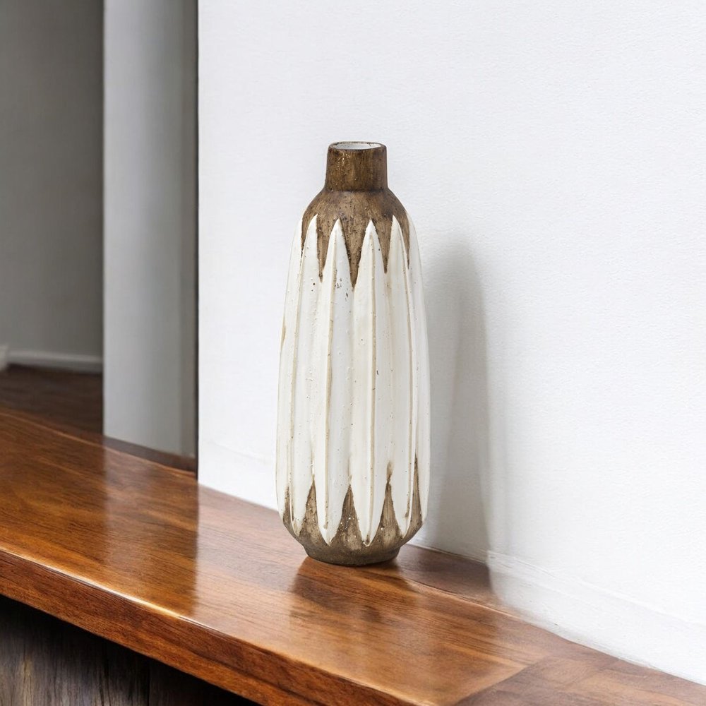14" Brown And White Abstract Cylinder Ceramic Table Vase