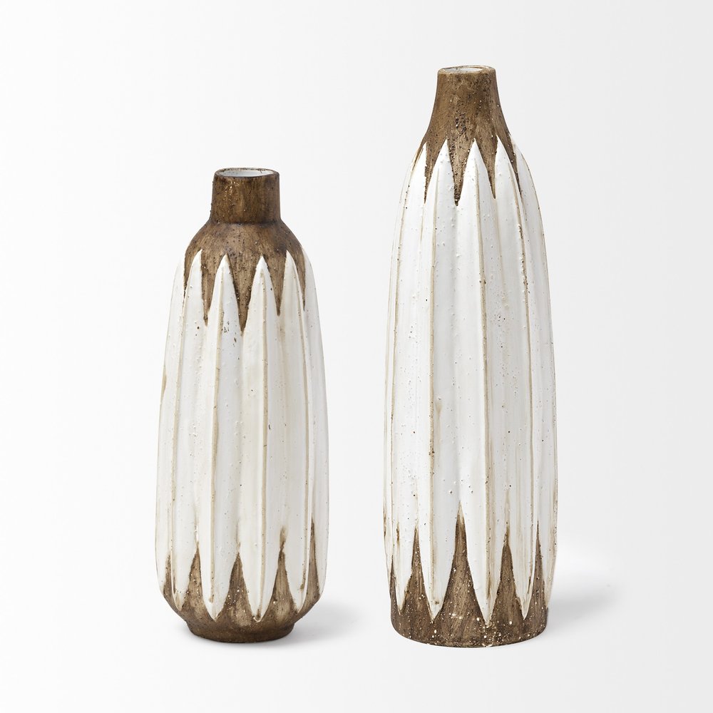 14" Brown And White Abstract Cylinder Ceramic Table Vase