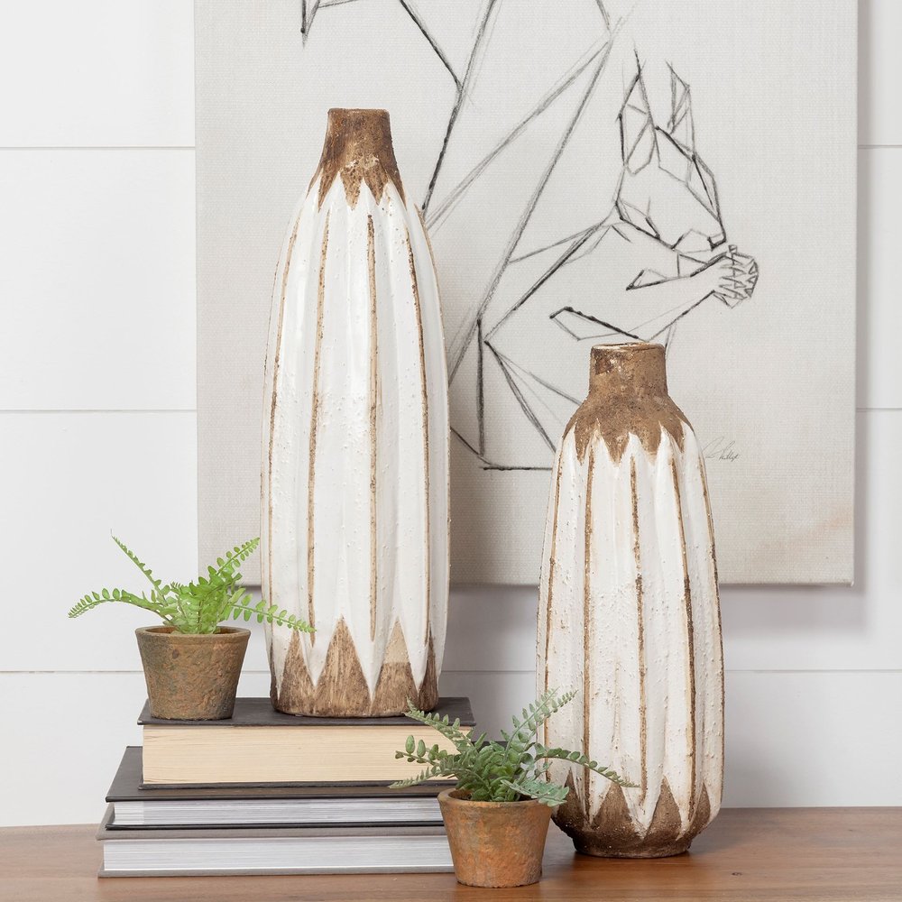 14" Brown And White Abstract Cylinder Ceramic Table Vase