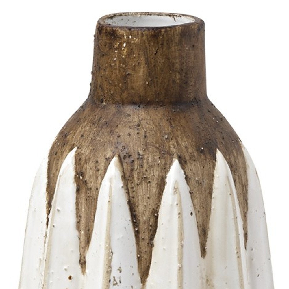 14" Brown And White Abstract Cylinder Ceramic Table Vase