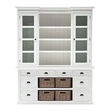 87" White Wood Bookcase with Glass Doors Drawers and Baskets