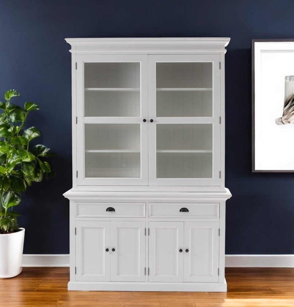 57" White Solid Wood Frame Dining Hutch With Twelve Shelves And Two Drawers
