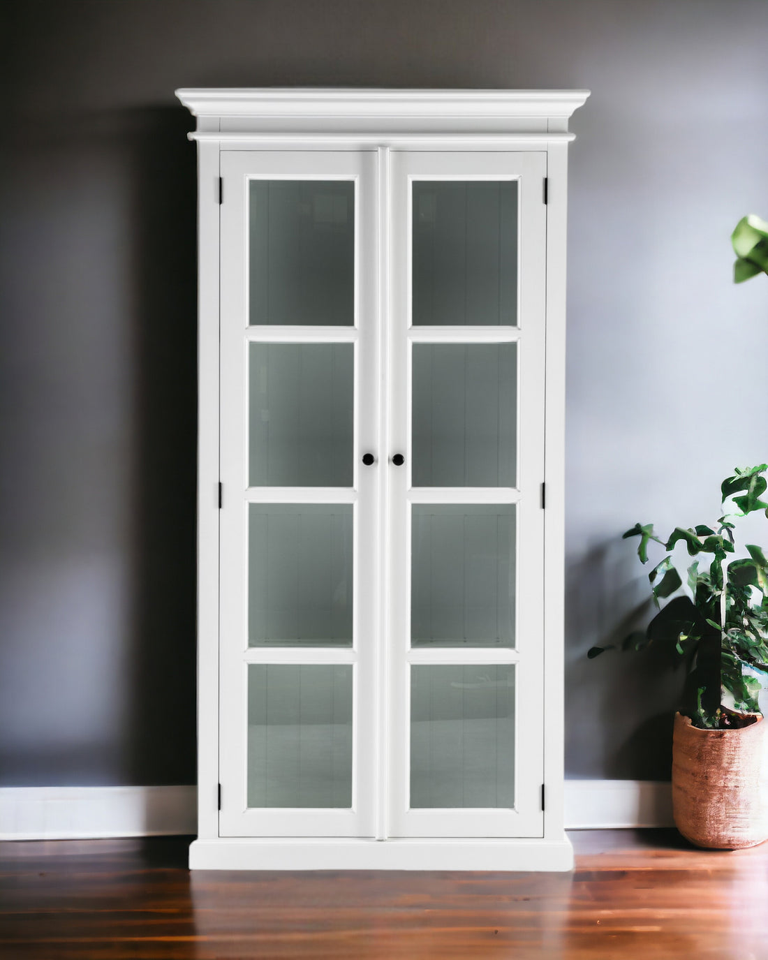 75" White Wood and Glass Double Door Storage Cabinet