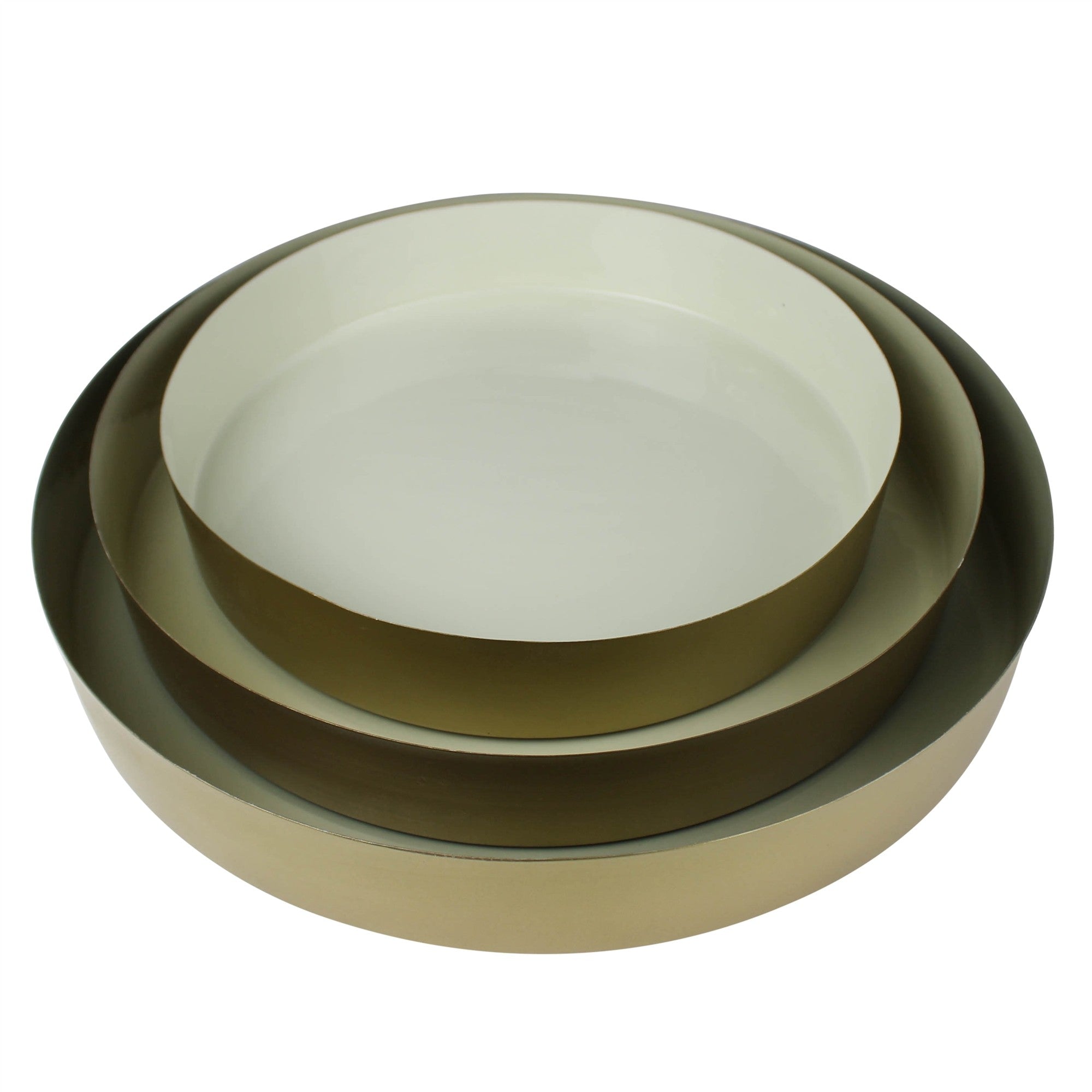 Set of Three Beige and Gold Round Metal Indoor Outdoor Handmade Serving Tray